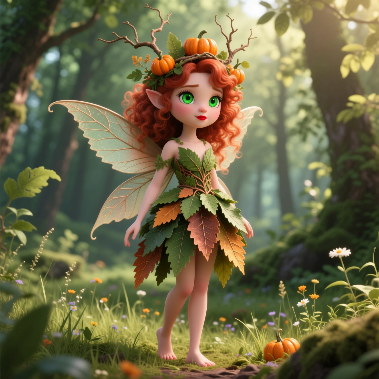 A copper-haired fairy in a leaf dress stands in a sunlit woodland