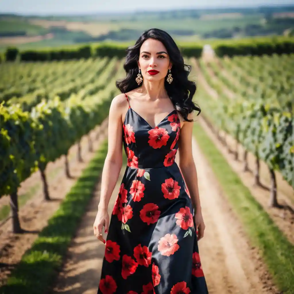 A French Woman Walks Through a Vineyard in a Floral Satin Dress