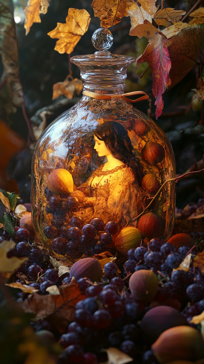 Uma mulher serena dentro de um frasco de vidro num jardim de outono