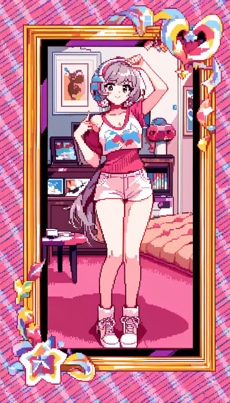 Ragazza anime in pixel art si fa un selfie in una stanza accogliente