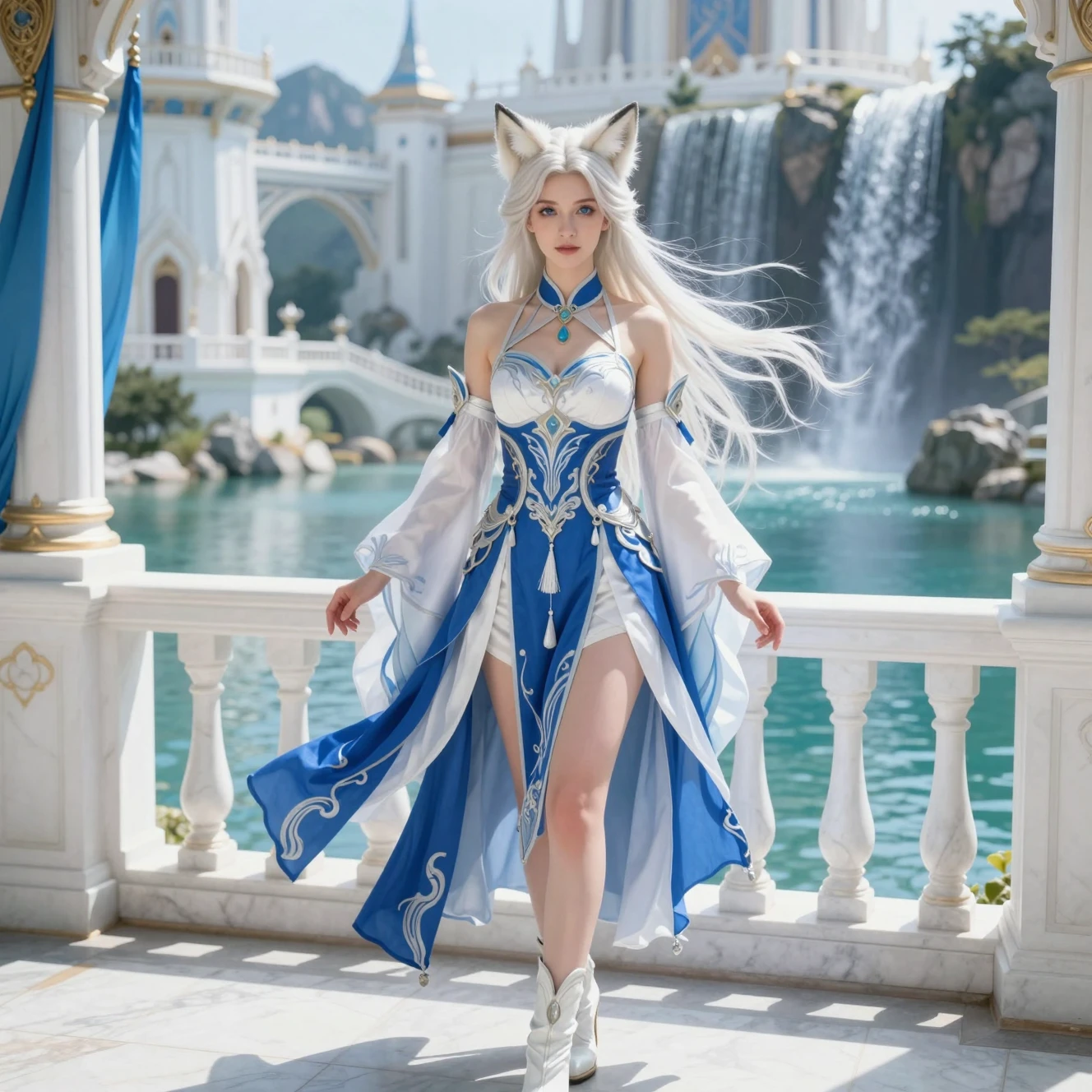 Cat-eared fantasy maiden stands on a marble balcony above celestial waterfalls