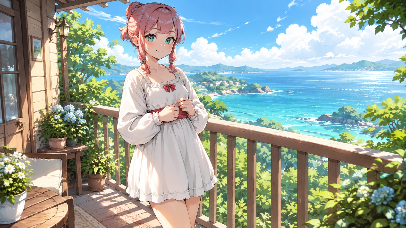 Una ragazza anime con codini rosa è in piedi su un balcone affacciato sull'oceano