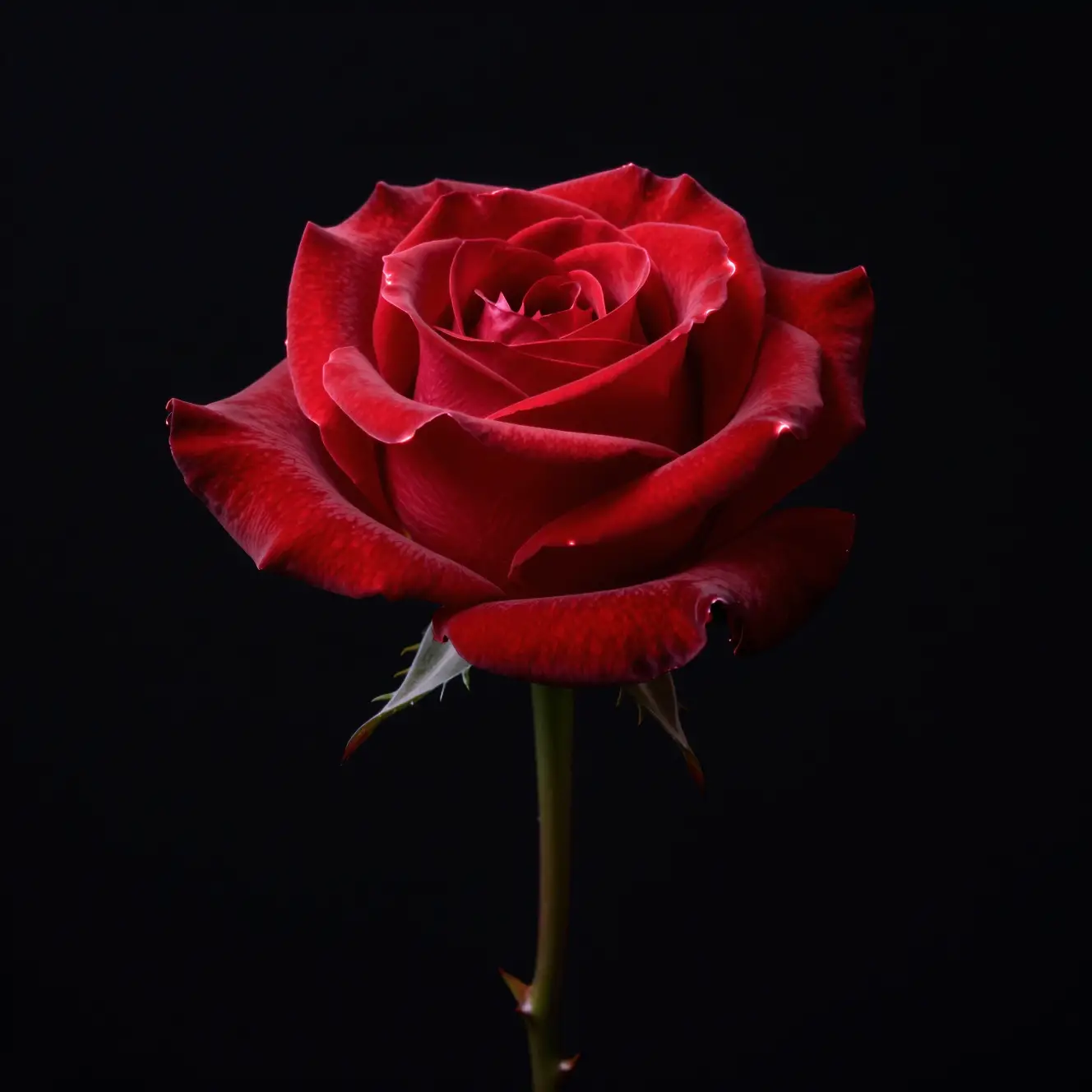 A red rose glows against a stark black background