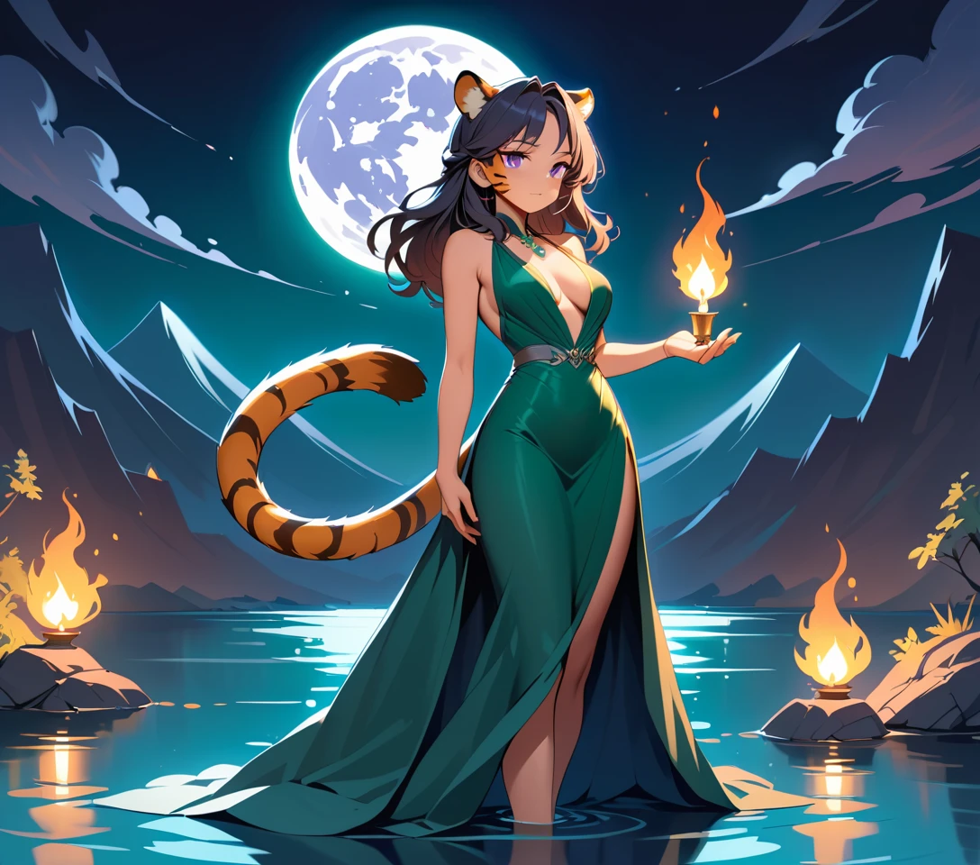 A tiger woman holds a candle beside a misty nighttime lake