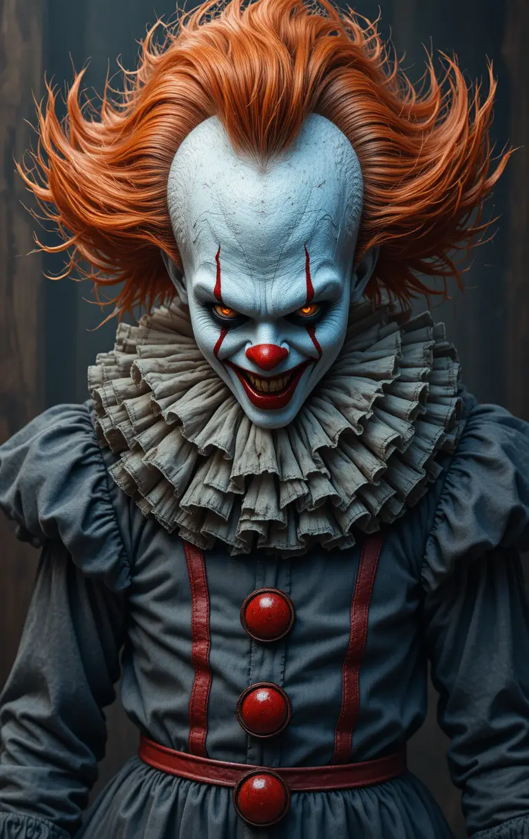 A sinister clown with wild orange hair and golden eyes