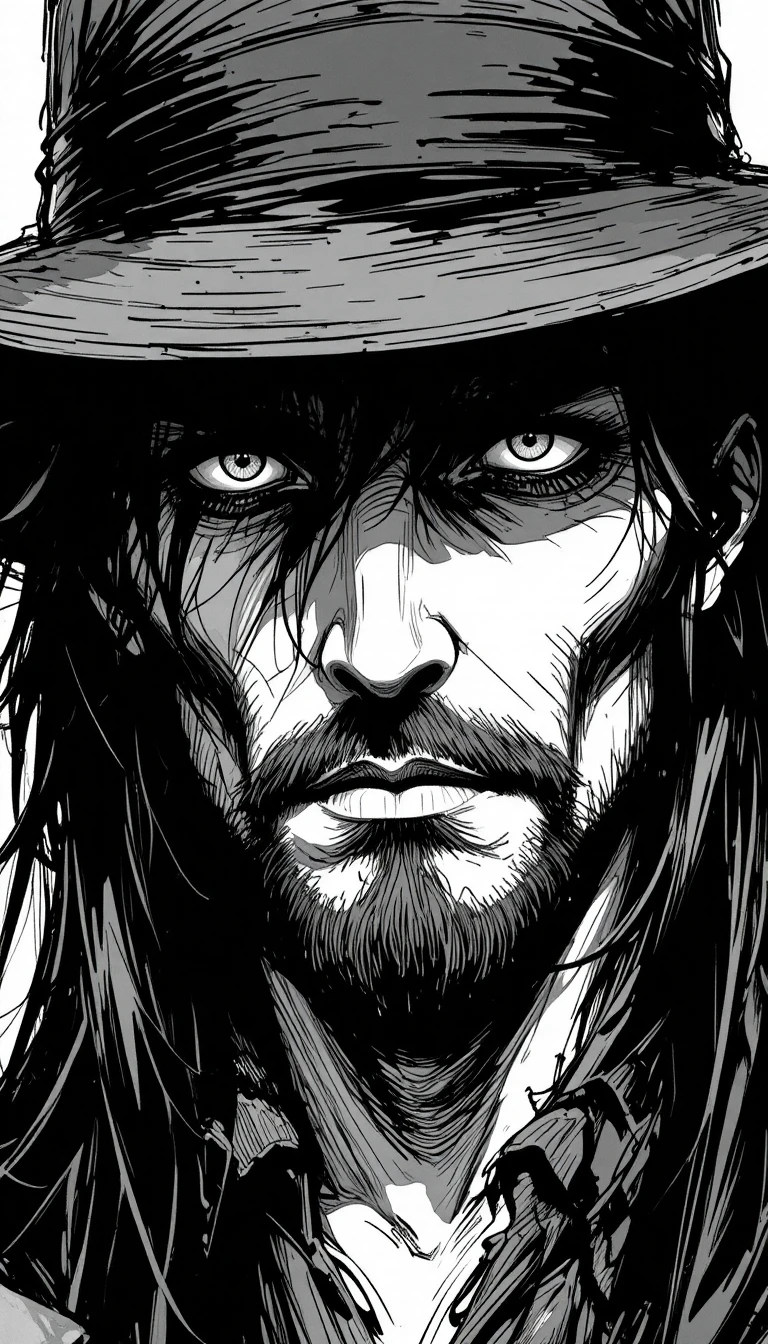 A shadowed vampire hunter’s face beneath a broad-brimmed hat
