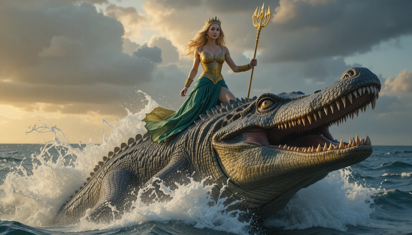 A sea queen stands atop a prehistoric reptile amid ocean waves