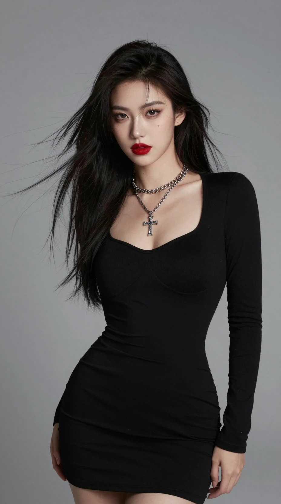 A Girl in a Sleek Black Dress with Silver Chain Necklaces