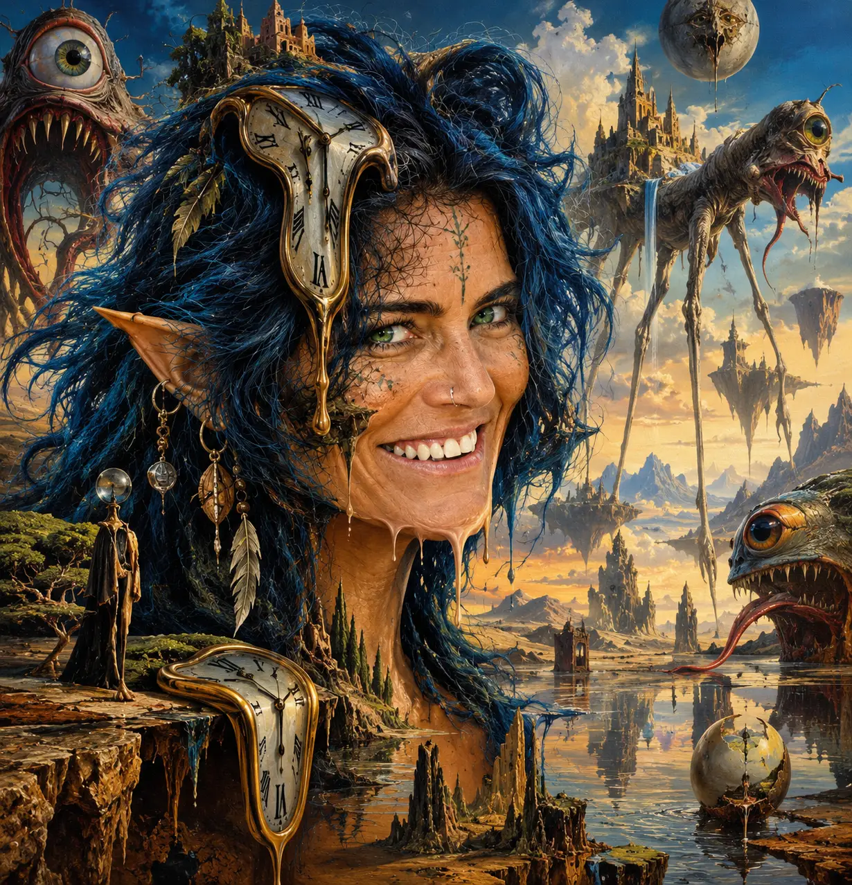 A surreal painted portrait surrounded by imaginary monsters