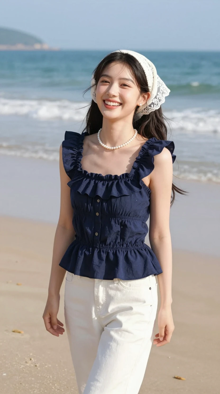 A model laughs on a sunny sandy shore in a breezy beach portrait