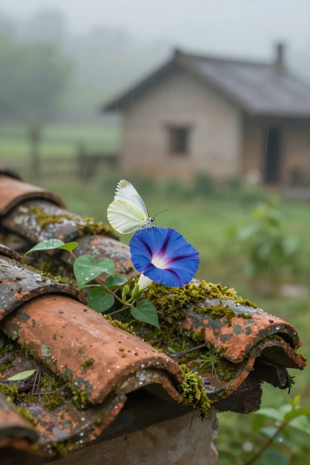 A morning glory blooms on moss-covered clay roof tiles in gentle rain