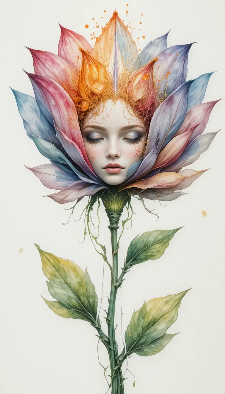 A Colorful Flower Blends Delicate Human Features With Watercolor Texture