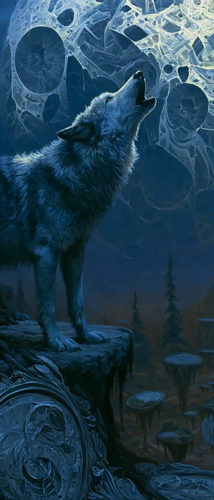 Un loup hurle sous une lune fracturée, au bord d'un précipice