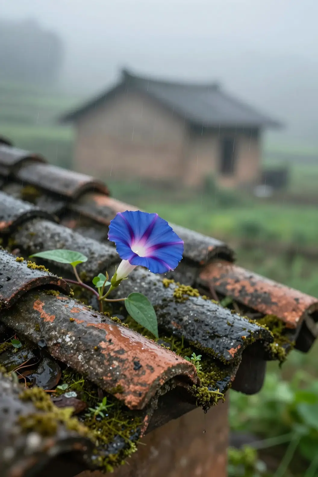 Morning glory blossoms on moss-covered clay roof tiles in gentle rain