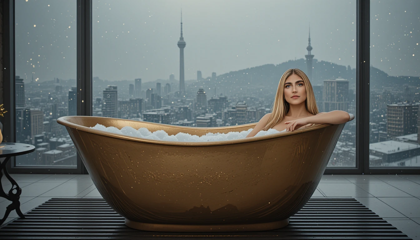 Une femme sereine se détend dans un bain moussant doré avec vue sur une ville enneigée