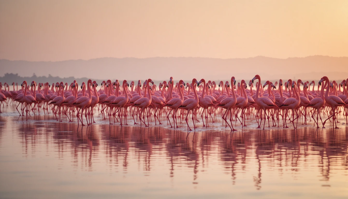 Pink flamingos stride together through a tranquil shallow marsh