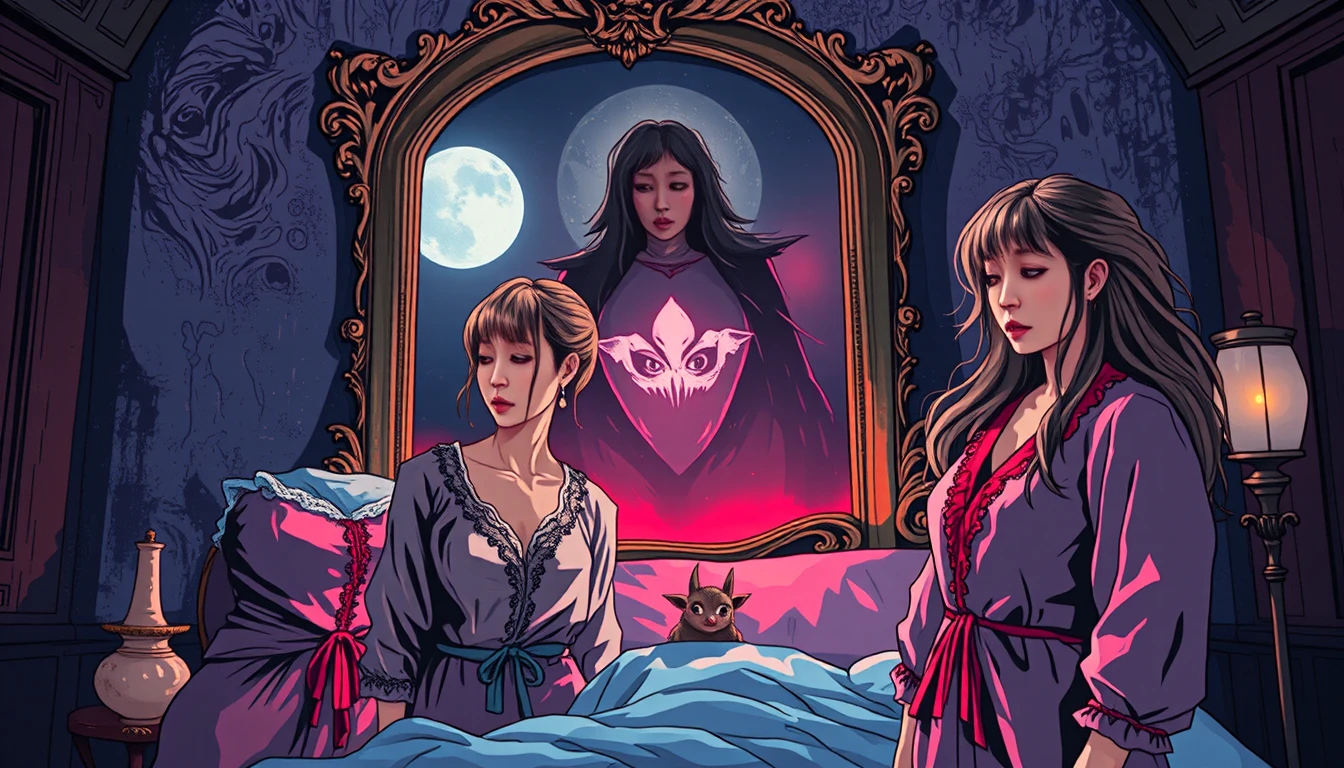 Three women stand startled in a strange bedroom
