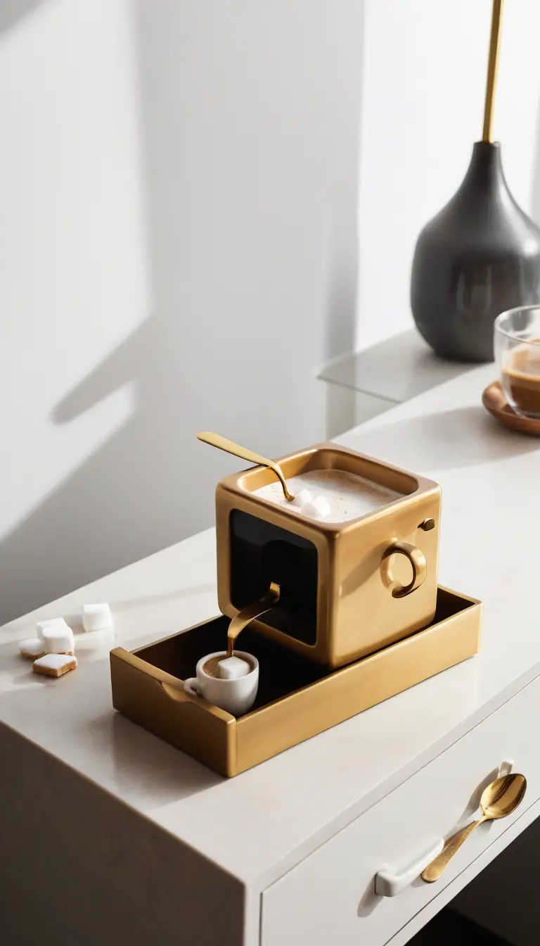 A cube-shaped coffee cup designed like a tiny nightstand