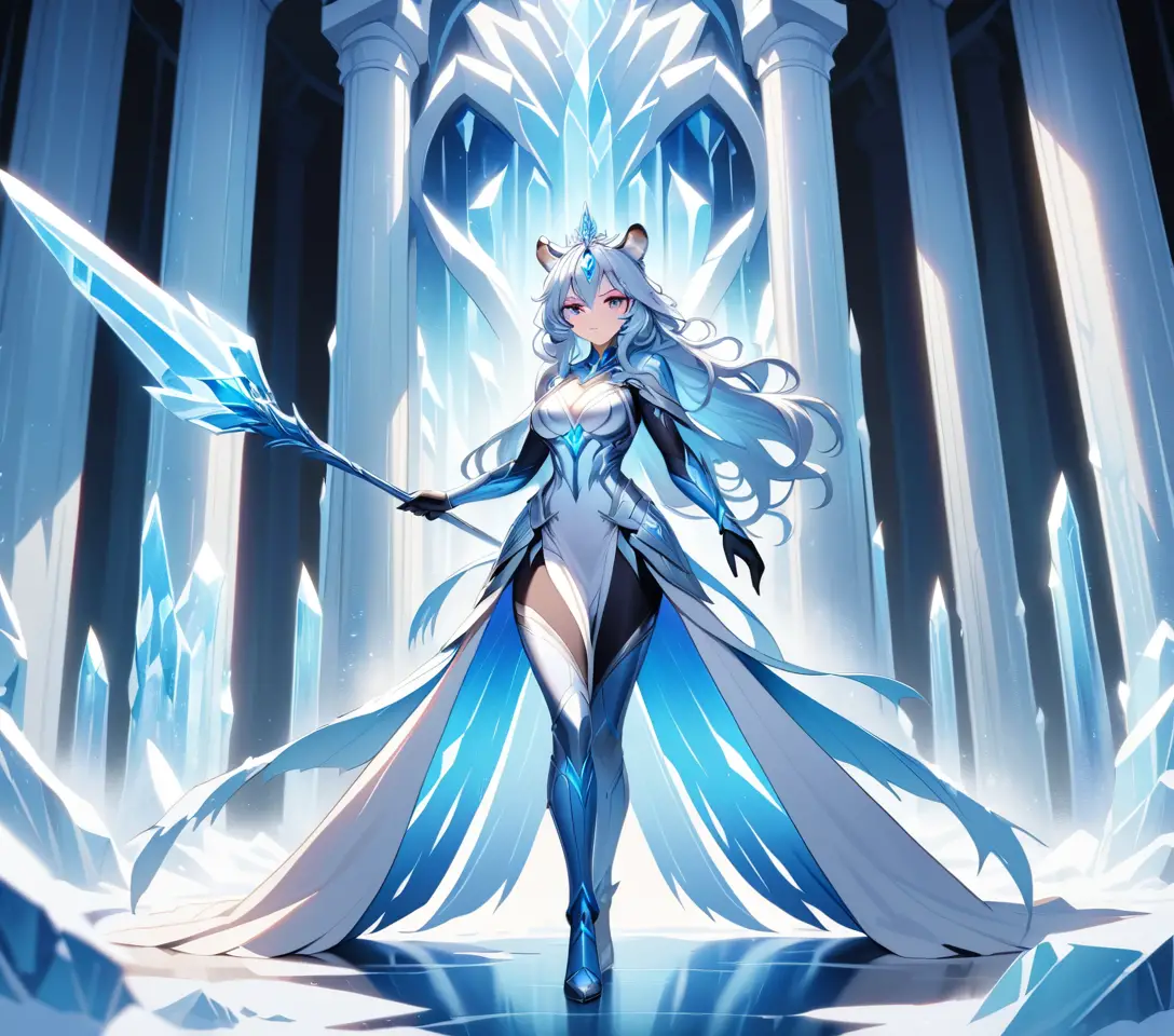 A Tiger Woman Queen Stands In An Ancient Ice Palace Throne Room