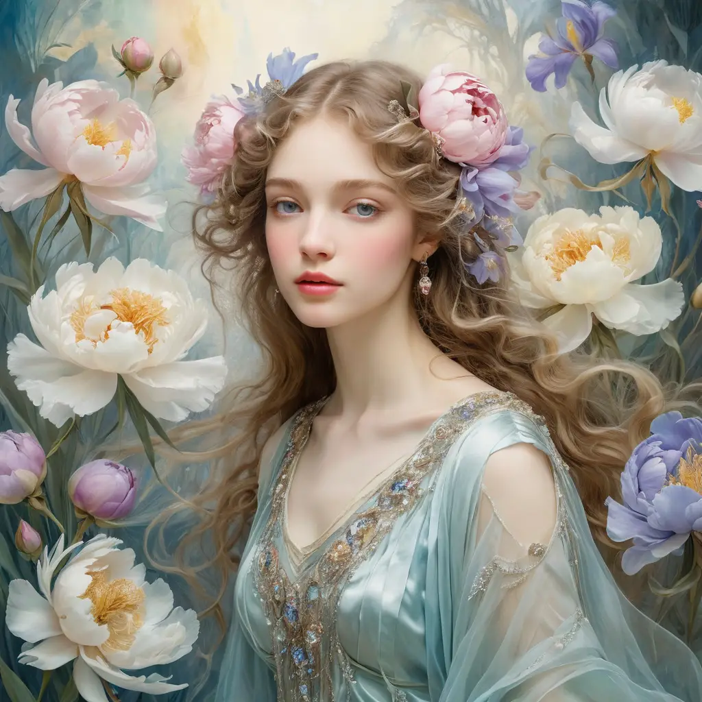 Peonies and irises shimmer in a serene, light-filled landscape