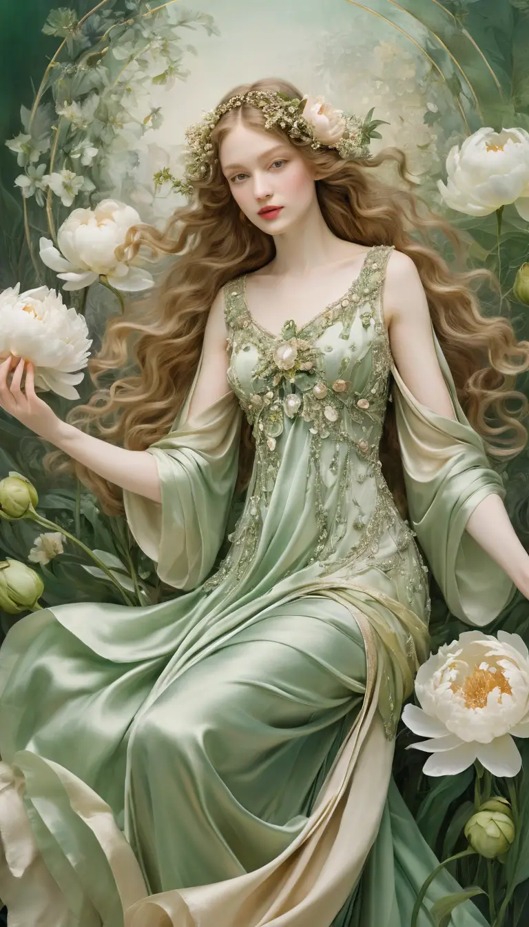 A Spring Spirit in Pearly Green and Beige Satin Tones