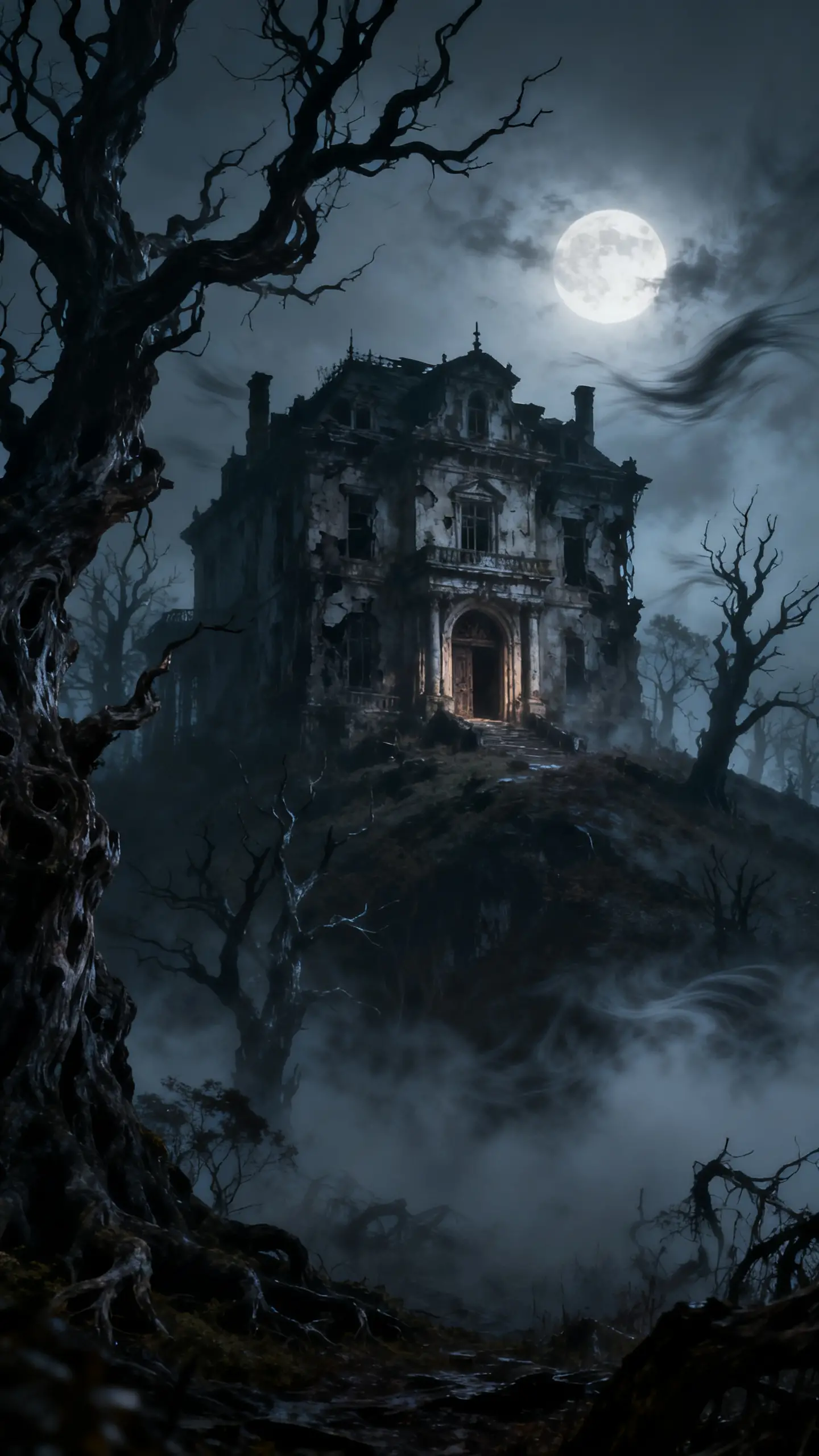 An abandoned mansion stands on a hill above a foggy forest