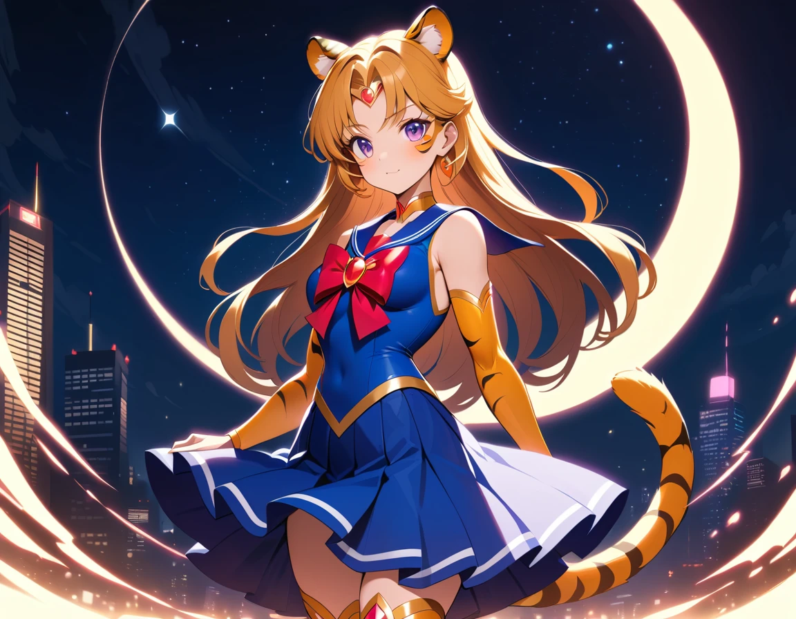 A tiger woman in sailor uniform stands beneath a glowing moon
