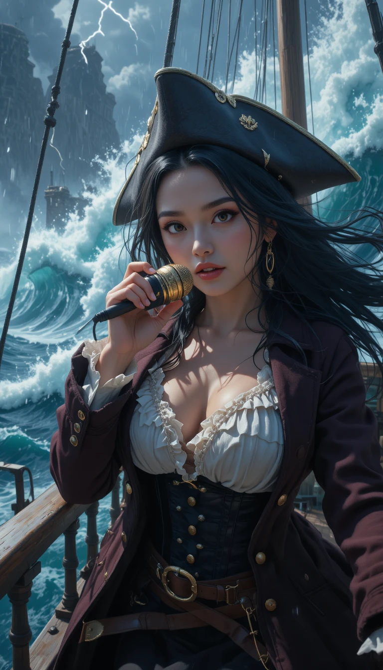 Anime pirate captain faces towering waves aboard a storm-tossed ship