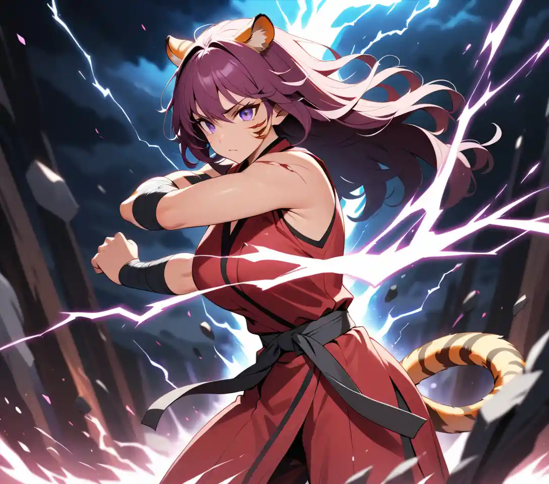 A tiger woman warrior stands amid lightning in a ruined martial arts arena