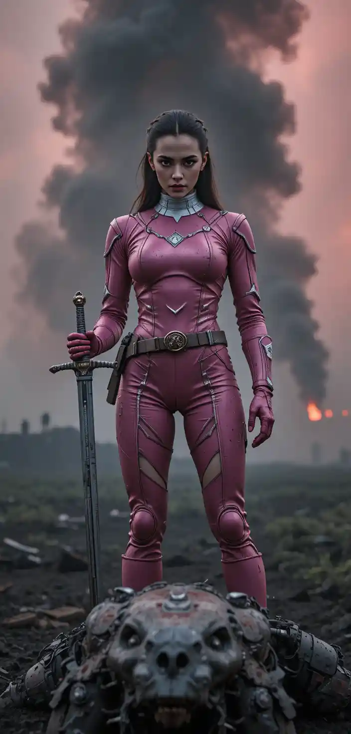 La Power Ranger rosa sovrasta una bestia meccanica sconfitta su un campo di battaglia avvolto dal fumo