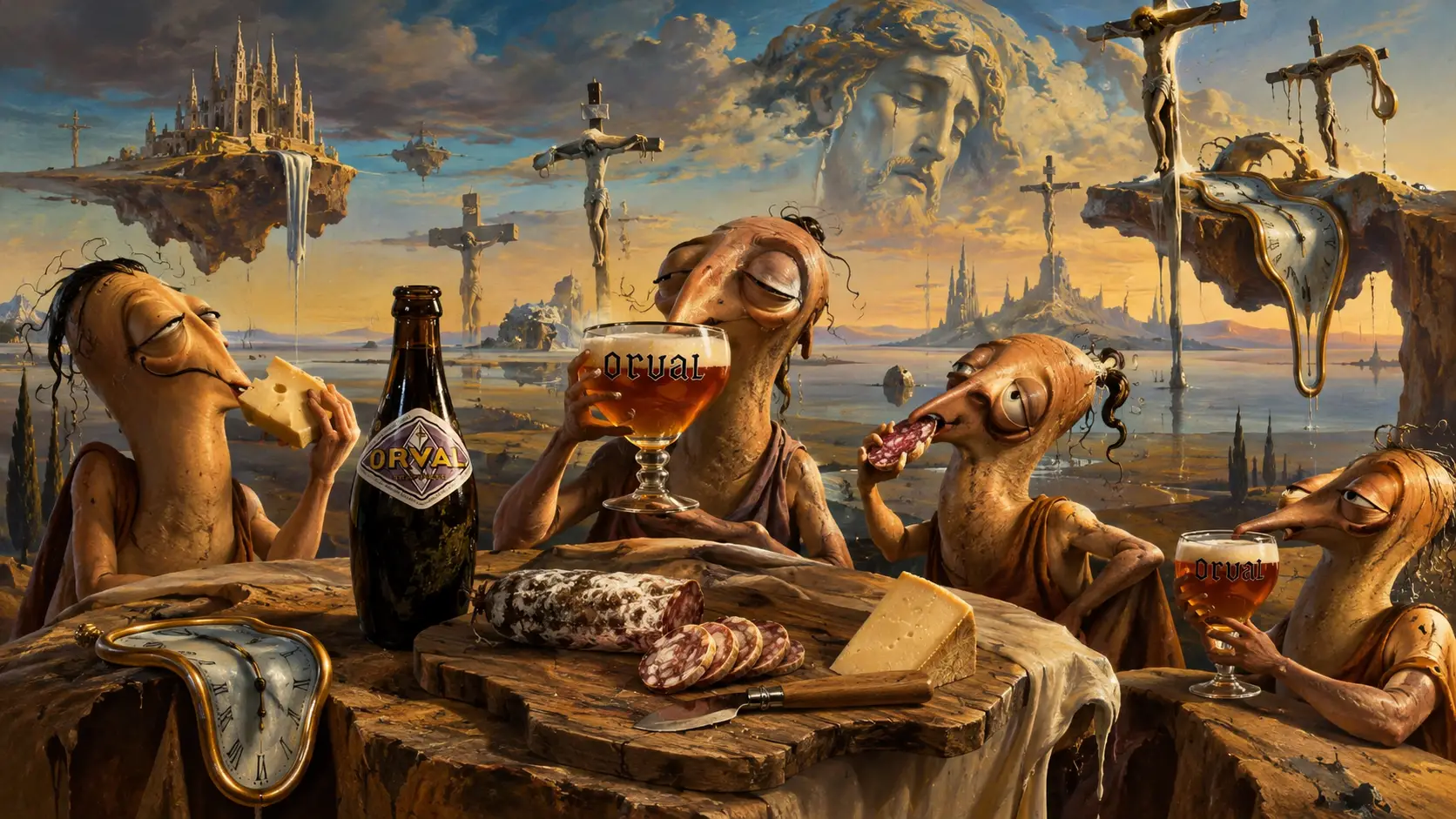 Des personnages surréalistes boivent de la bière et mangent du fromage ou de la saucisse dans un monde mythique