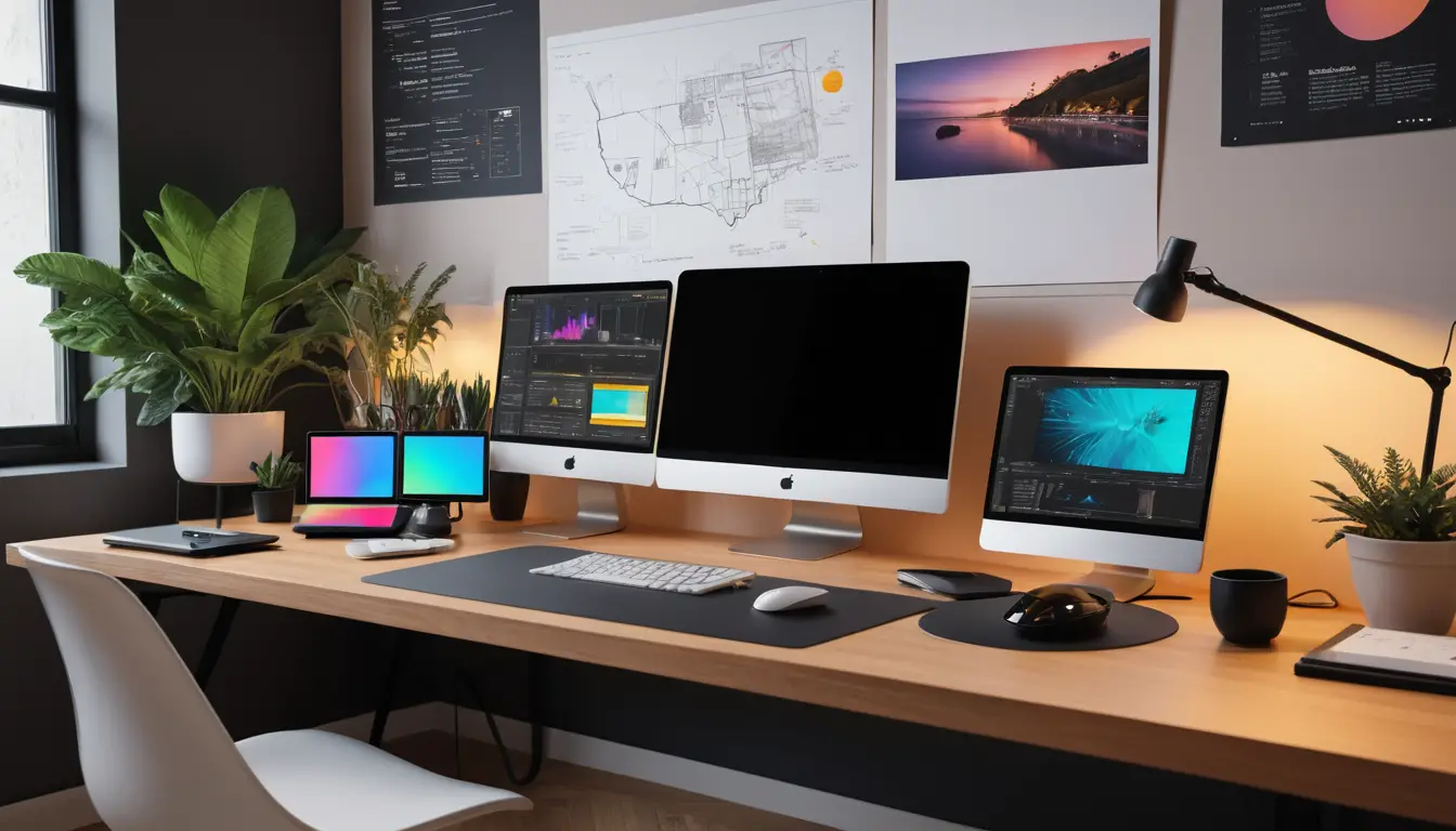 A Modern Web Designer’s Workspace With Curved Monitor and Creative Tools