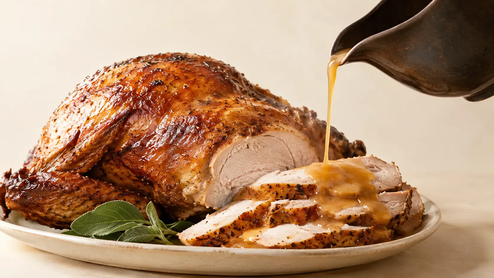 Sliced Roasted Turkey Breast with Glossy Gravy Pouring from a Ceramic Boat