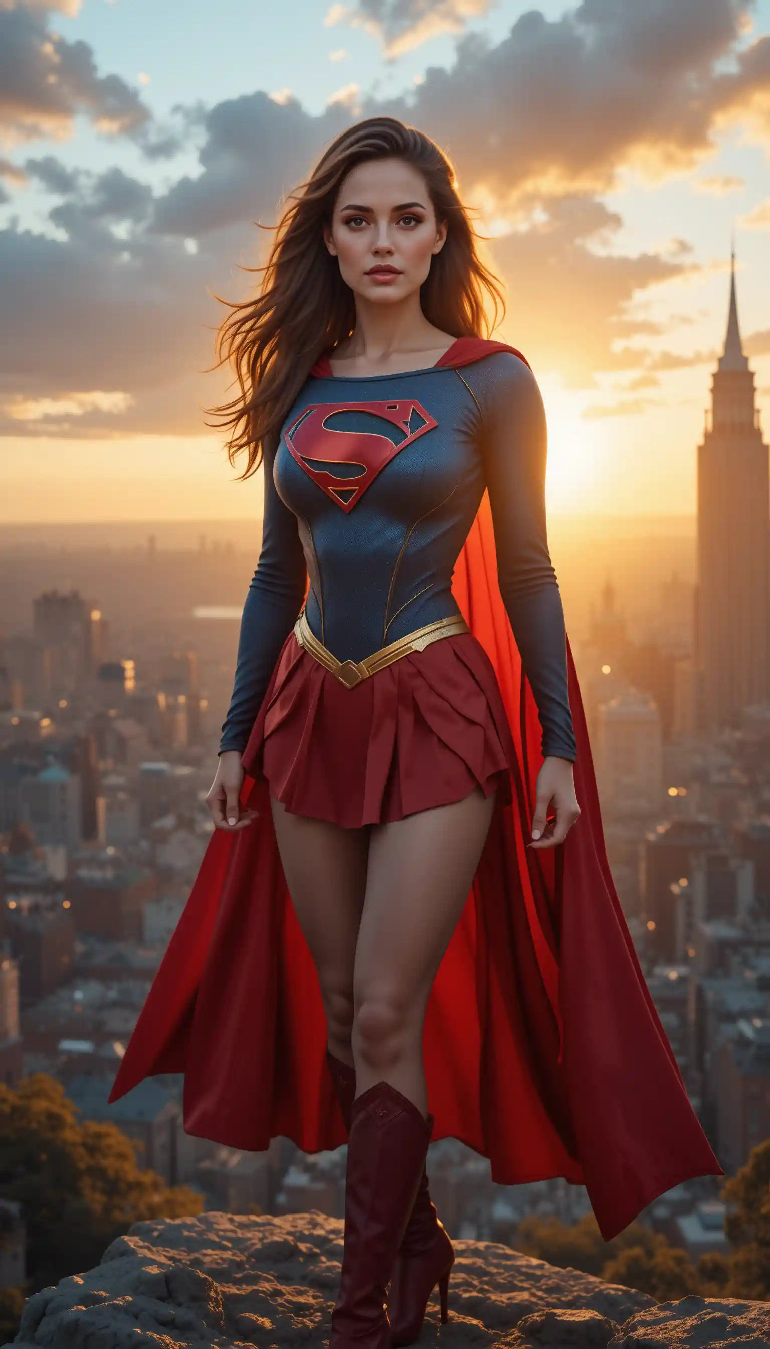 Angelina Jolie nei panni di Supergirl posa eroicamente davanti a una metropoli al tramonto