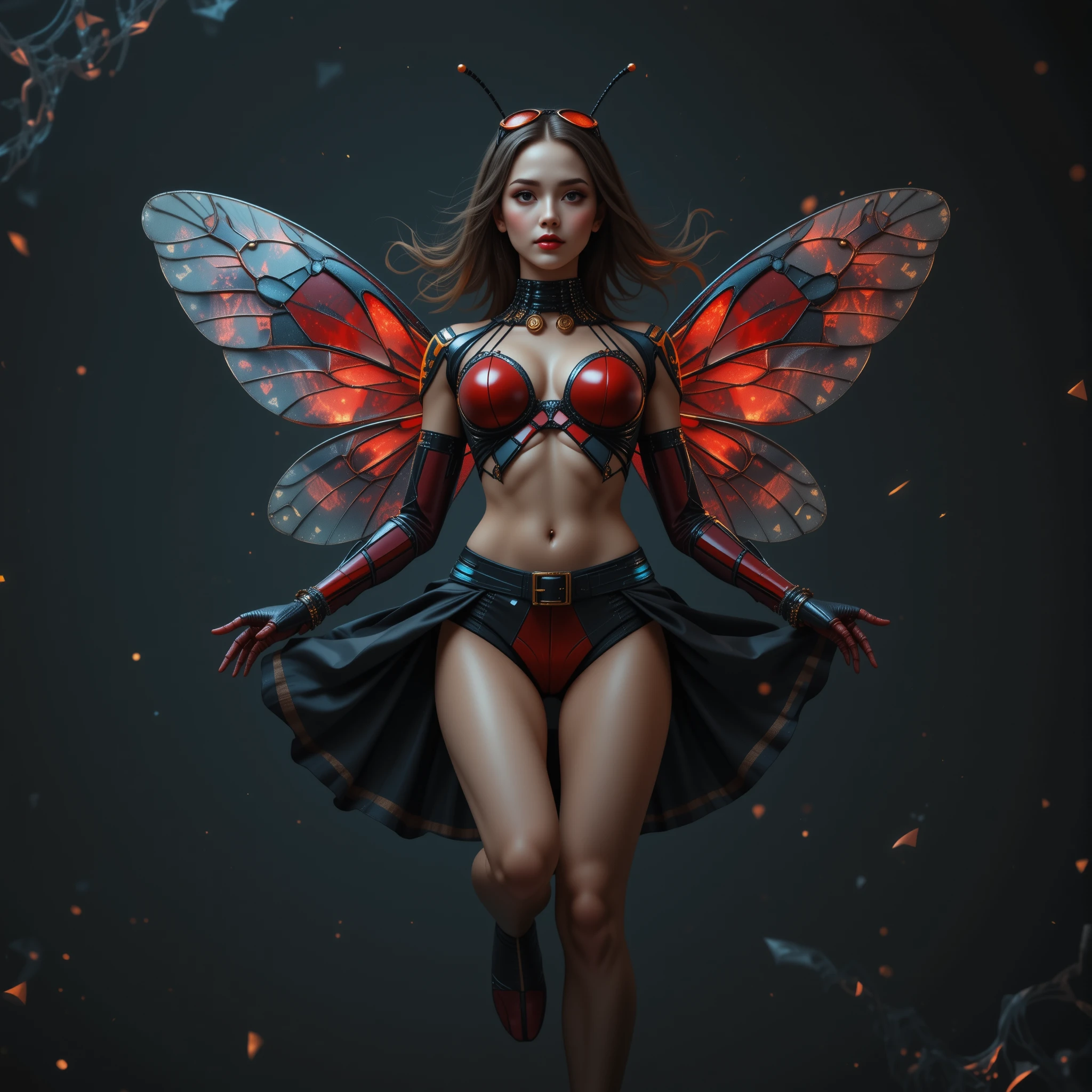 Una donna coccinella cibernetica fluttua in una posa provocante