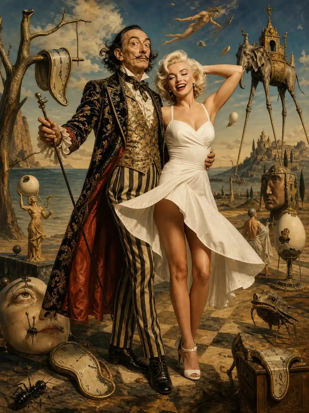 Salvador Dalí aux côtés d’une femme dans un monde fantastique surréaliste