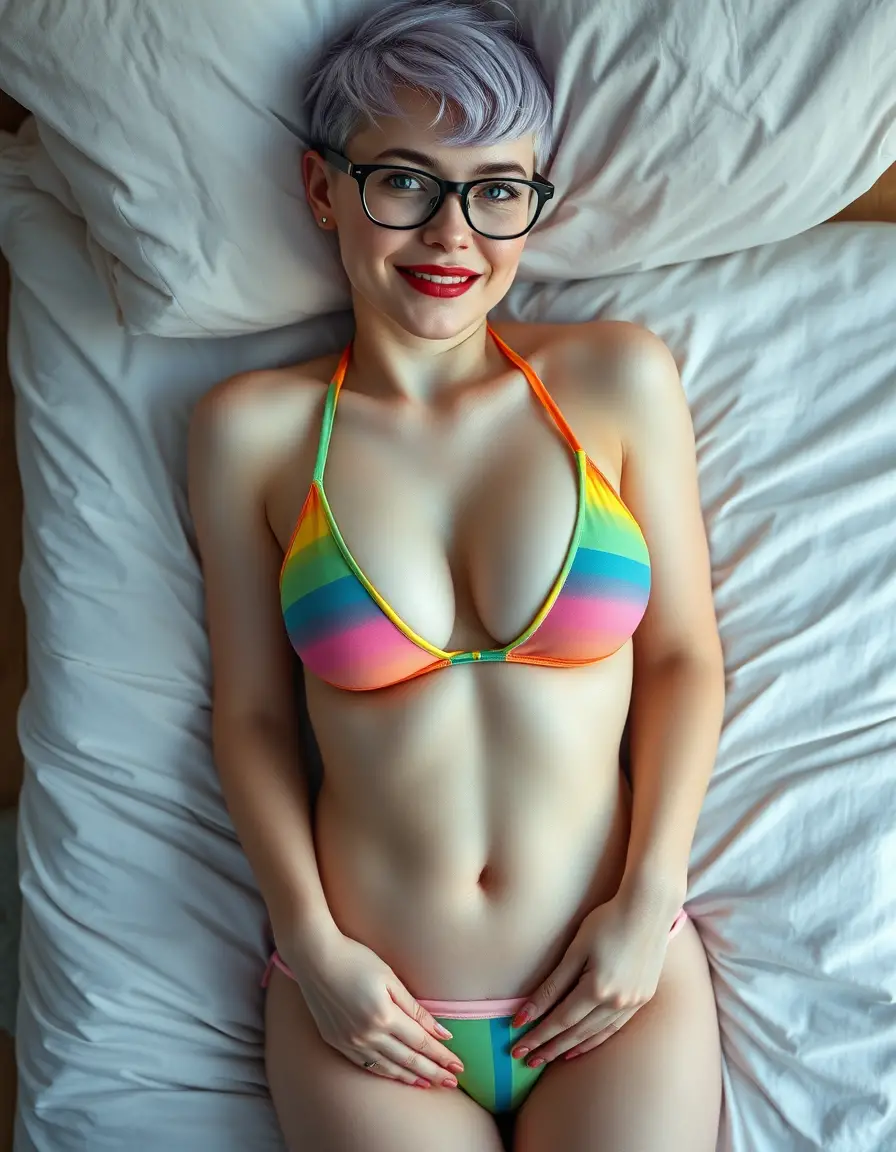 A smiling woman reclines in bed wearing a colorful cutout bikini