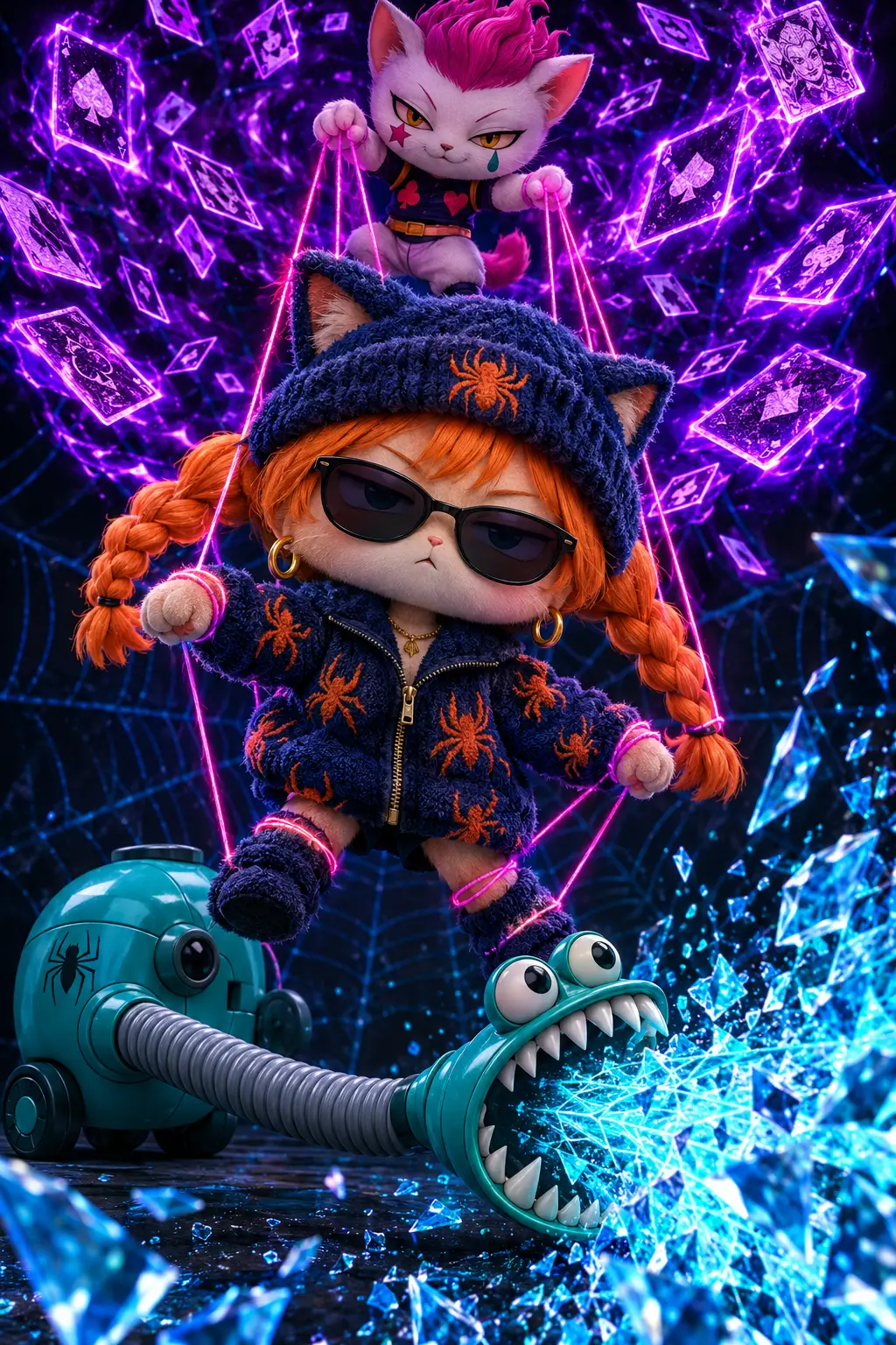 A Chibi Cat Girl Faces a Puppet Master Amid Glowing Cards