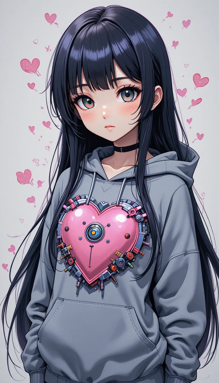Chibi-Frau im grauen Hoodie mit einem pinken mechanischen Herzen