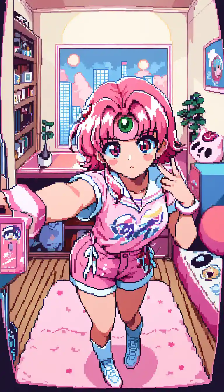 Ragazza in pixel art con pantaloncini di pizzo accanto a un lettore LaserDisc in una stanza accogliente