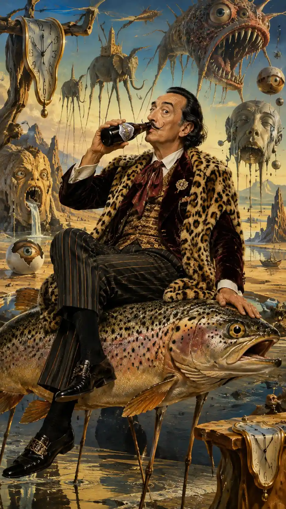 Salvador Dalí boit de l’Orval assis sur une truite
