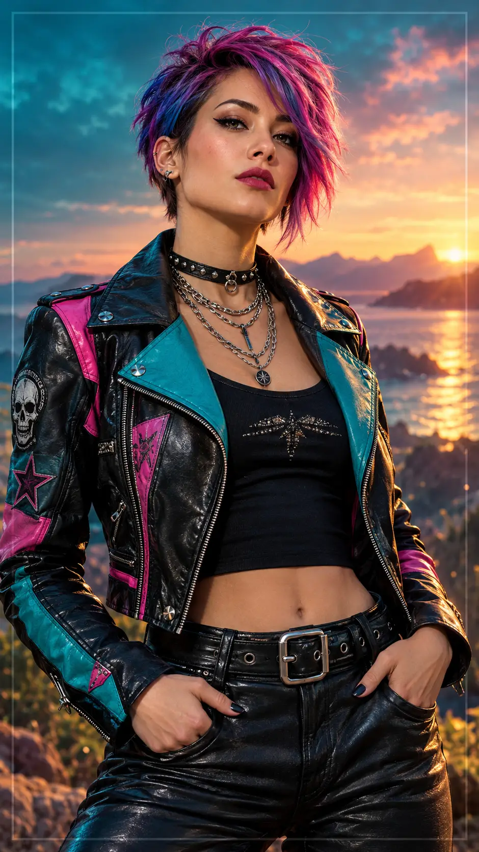 Confident young woman in punk fashion against a coastal golden hour seascape