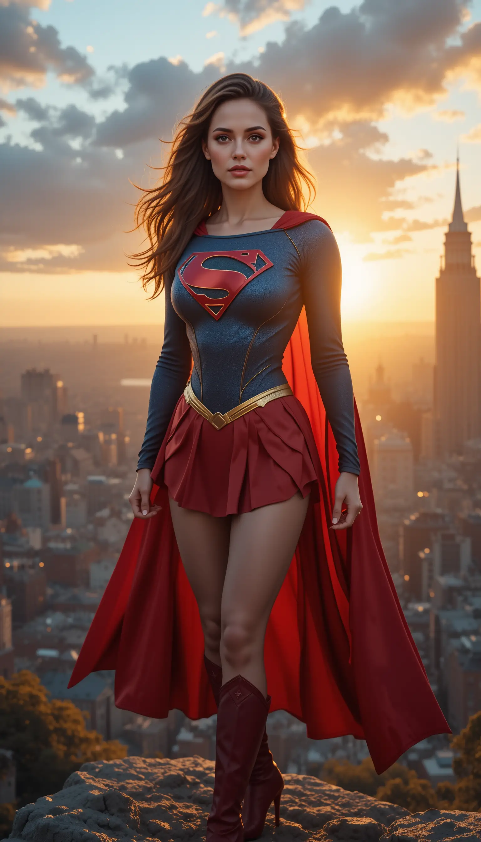Angelina Jolie nei panni di Supergirl posa eroicamente davanti a una metropoli al tramonto