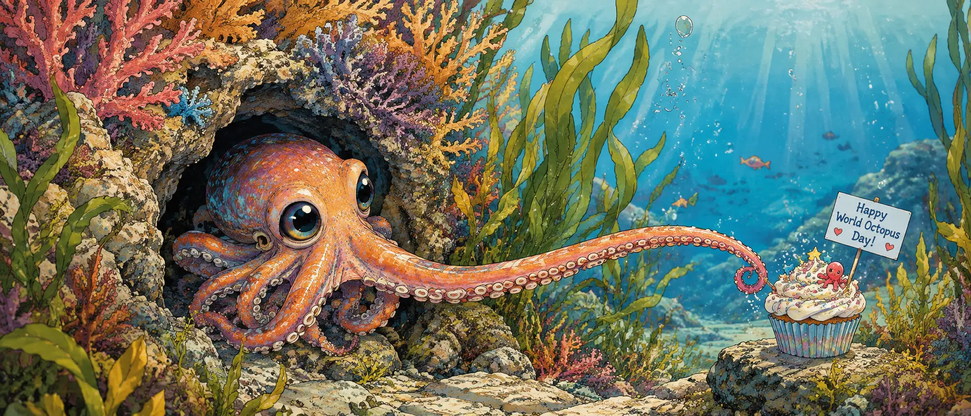 A big-eyed octopus emerges from a cave beside vibrant coral