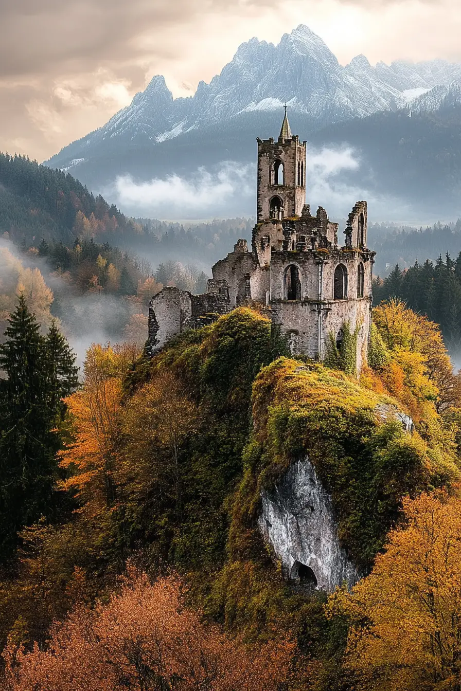 A medieval castle ruin rising above a misty forested hill
