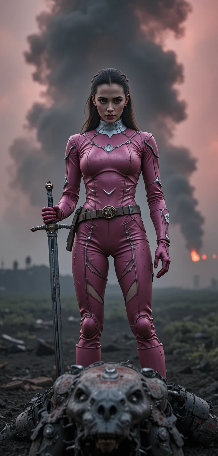 Pink power ranger stands over a defeated mech beast on a smoky battlefield