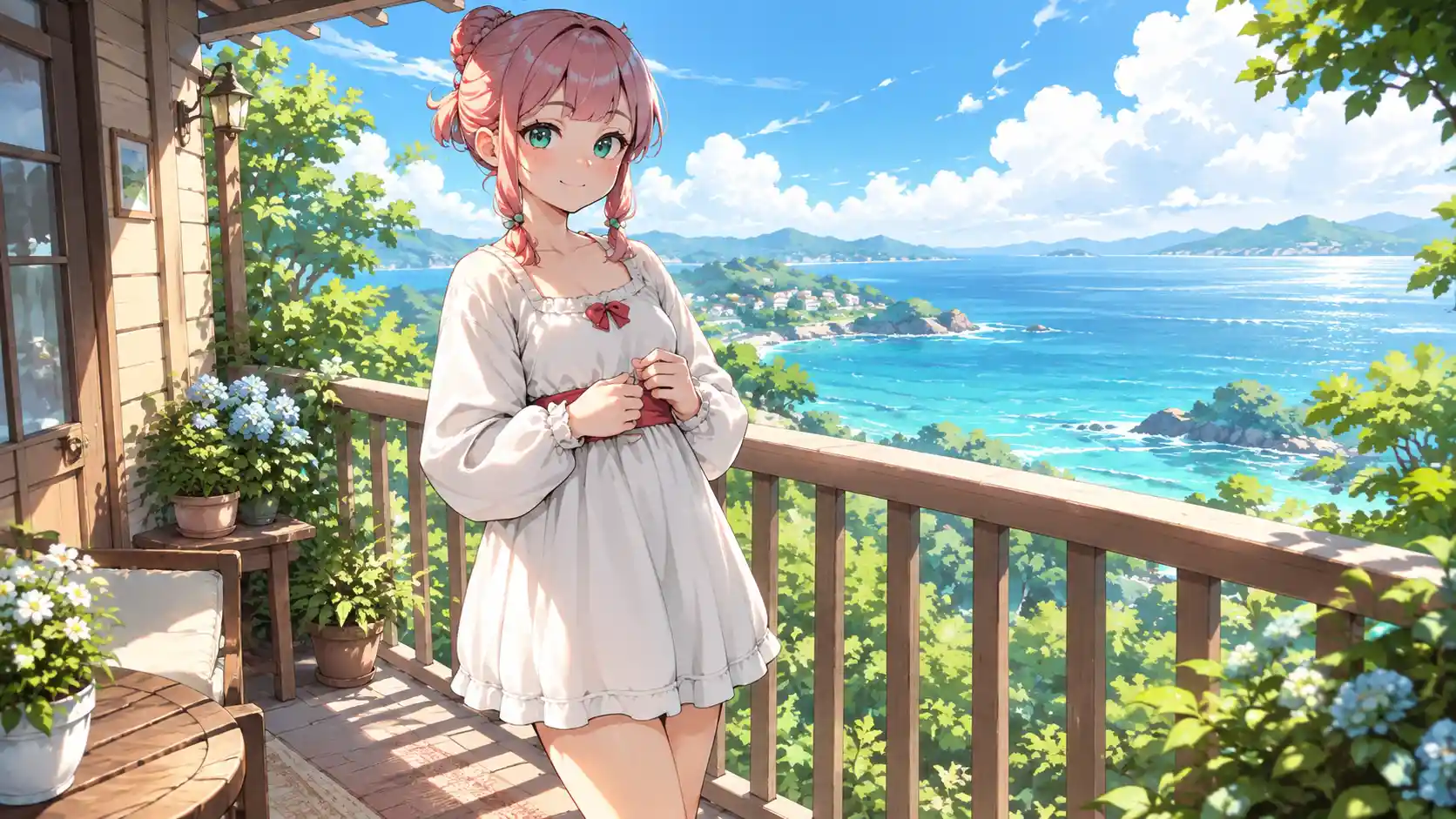 Una ragazza anime con codini rosa è in piedi su un balcone affacciato sull'oceano