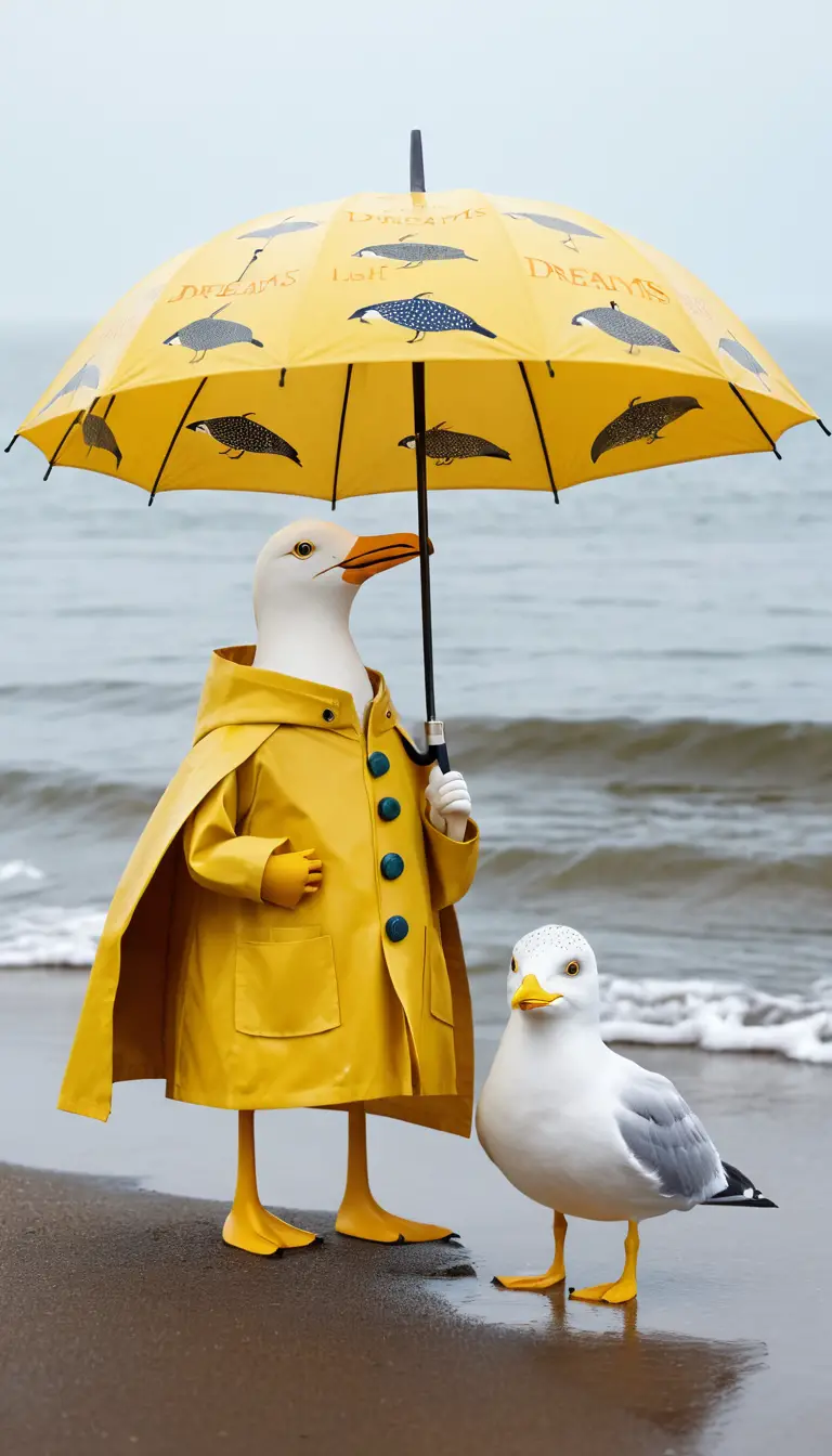 A Seagull in a Yellow Raincoat Stands Beneath a Fish Patterned Umbrella