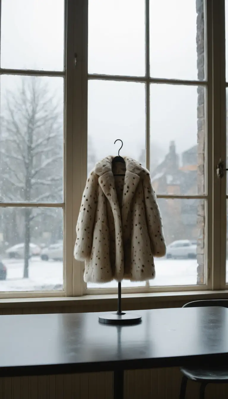 A moth dining at a tiny table within a fur coat’s windowlike opening