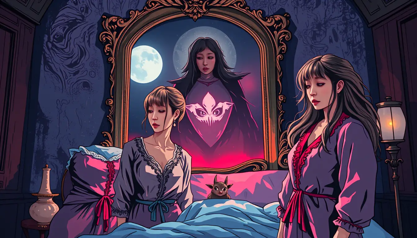 Three women stand startled in a strange bedroom